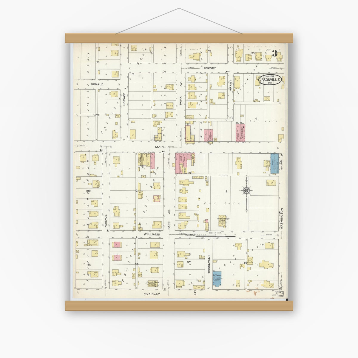 Old map wall art mockup — magnetic wood frame on white wall — Sanborn Fire Insurance Map from Jasonville, Greene County, Indiana (1915), Sheet #0003