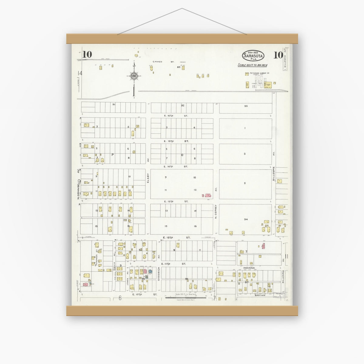 Old map wall art mockup — magnetic wood frame on white wall — Sanborn Fire Insurance Map from Sarasota, Sarasota County, Florida (1925), Sheet #0010