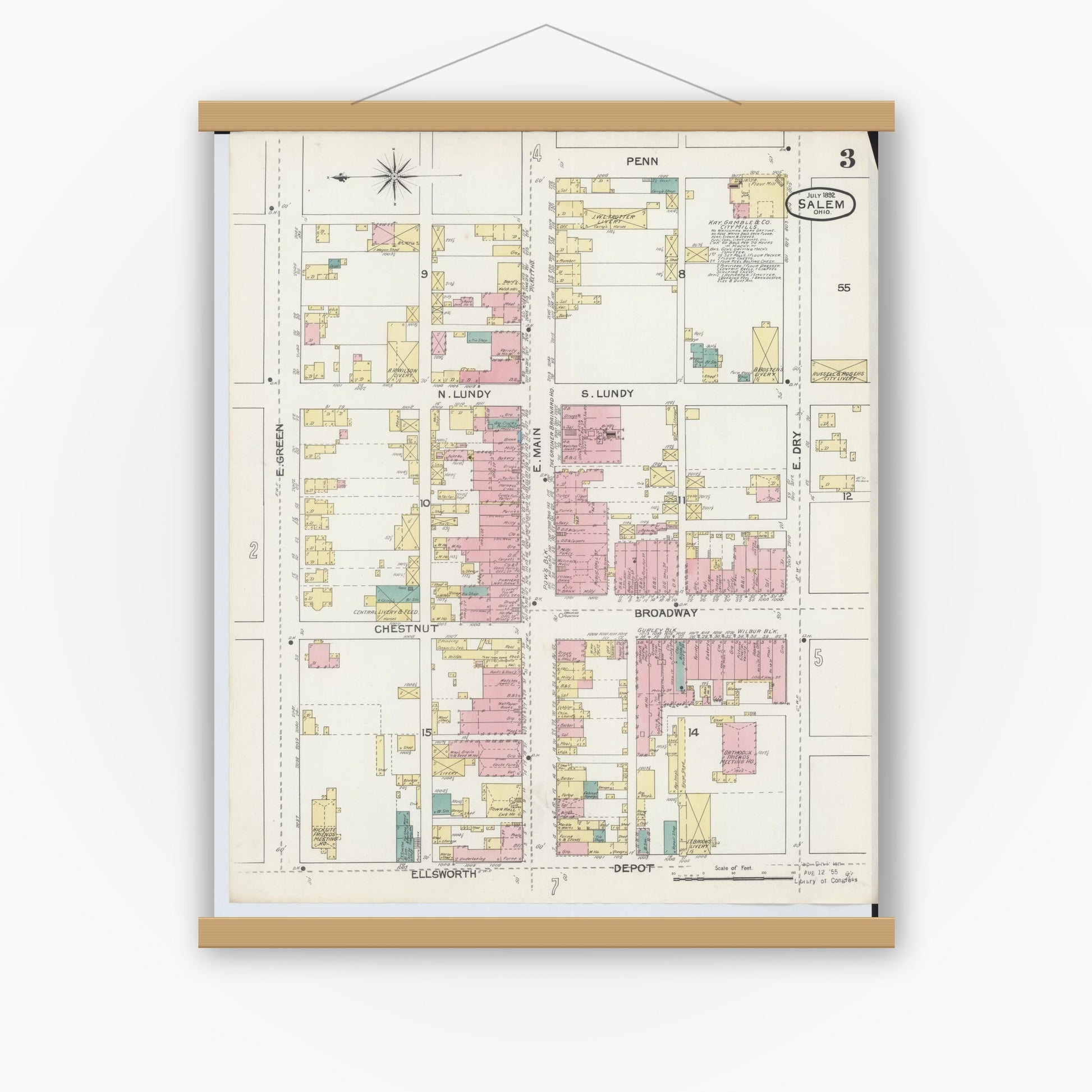 Old map wall art mockup — magnetic wood frame on white wall — Sanborn Fire Insurance Map from Salem, Columbiana County, Ohio (1892), Sheet #0003