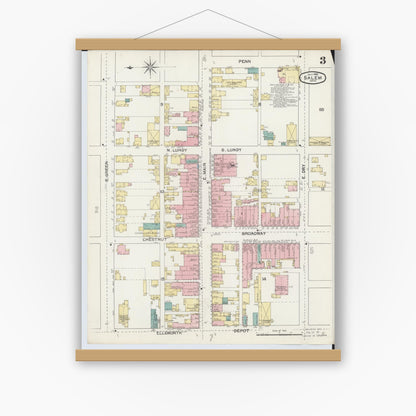 Old map wall art mockup — magnetic wood frame on white wall — Sanborn Fire Insurance Map from Salem, Columbiana County, Ohio (1892), Sheet #0003
