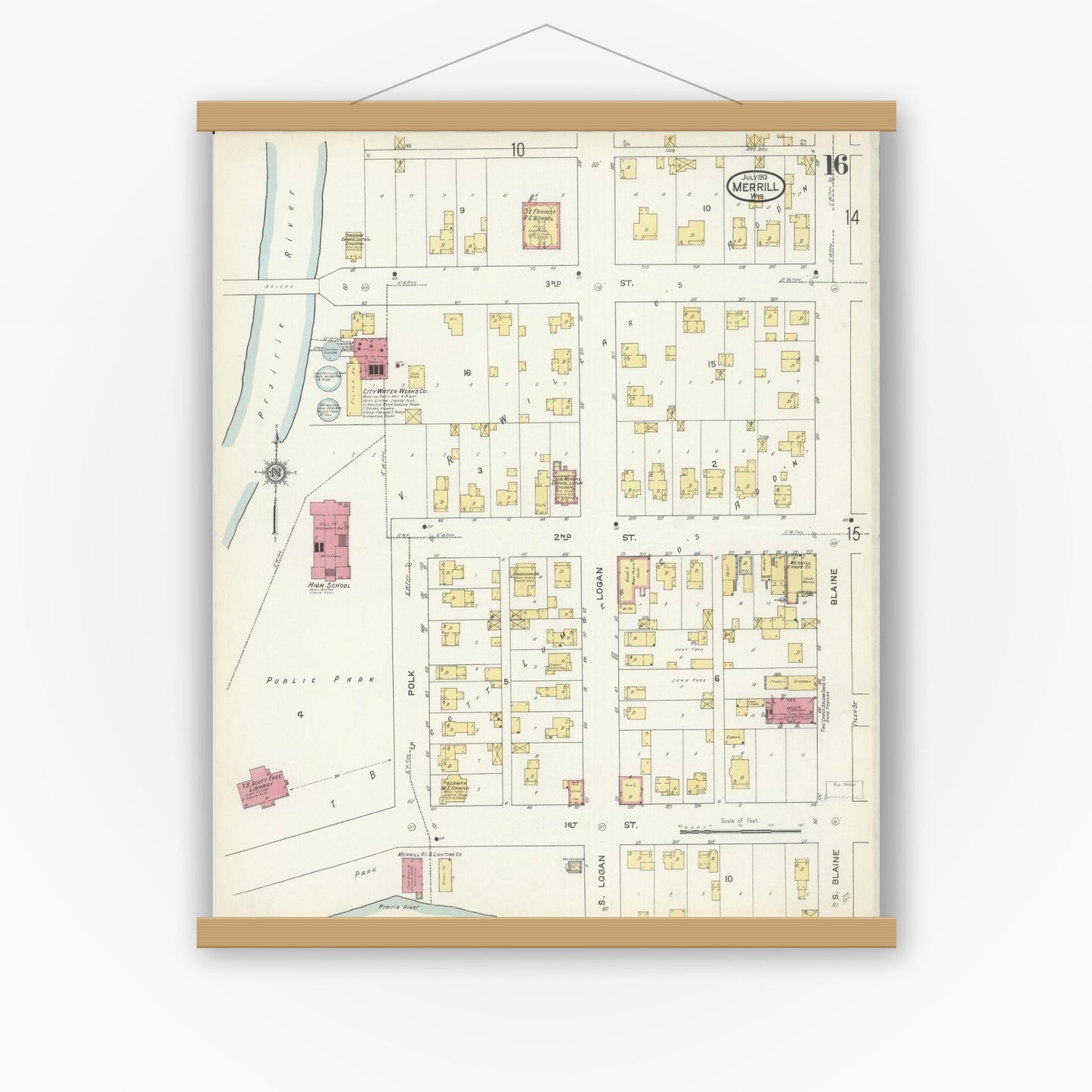 Old map wall art mockup — magnetic wood frame on white wall — Sanborn Fire Insurance Map from Merrill, Lincoln County, Wisconsin (1913), Sheet #0016
