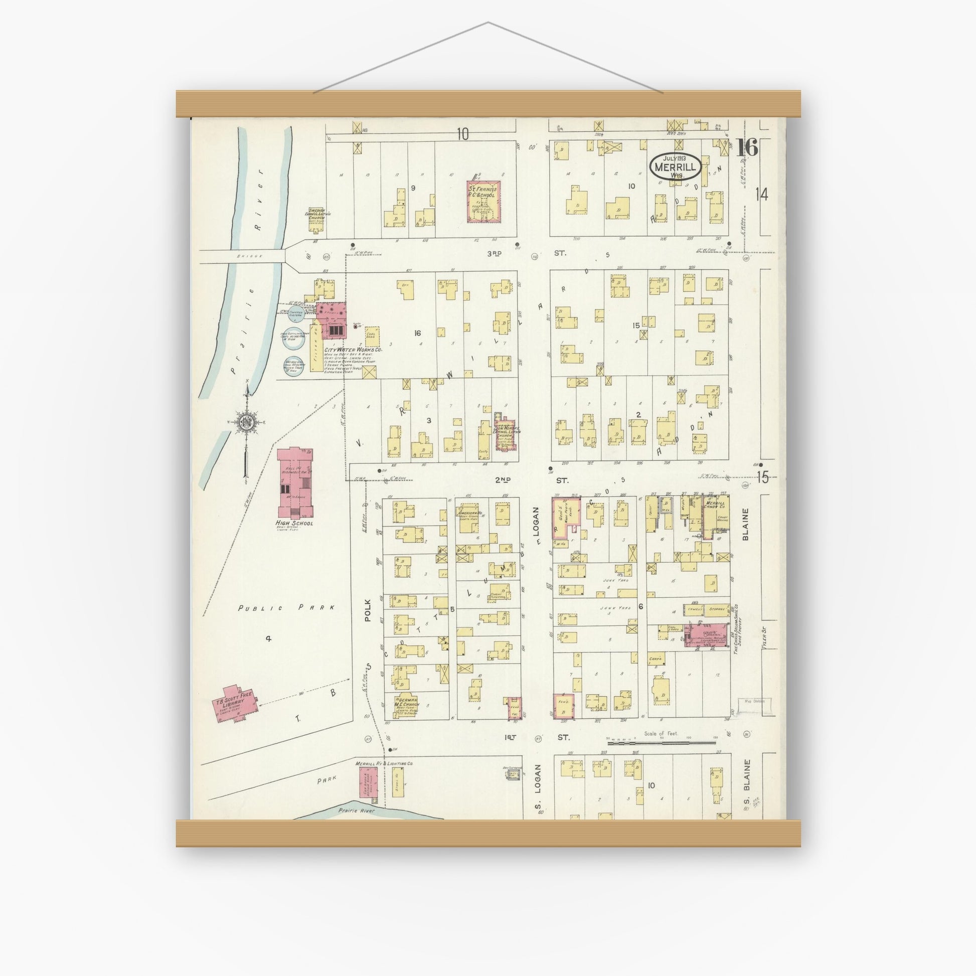 Old map wall art mockup — magnetic wood frame on white wall — Sanborn Fire Insurance Map from Merrill, Lincoln County, Wisconsin (1913), Sheet #0016