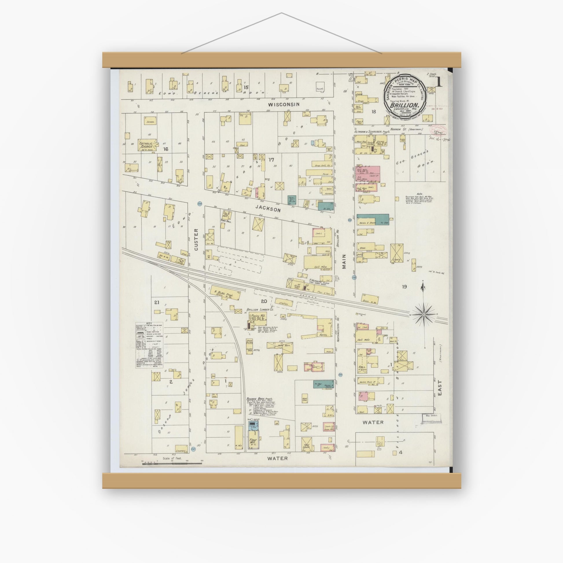 Old map wall art mockup — magnetic wood frame on white wall — Sanborn Fire Insurance Map from Brillion, Calumet County, Wisconsin (1894) - Complete Map Set