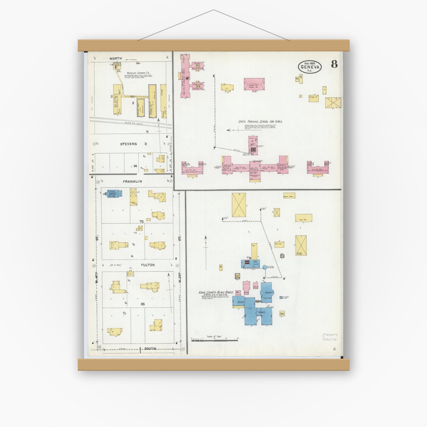 Old map wall art mockup — magnetic wood frame on white wall — Sanborn Fire Insurance Map from Geneva, Kane County, Illinois (1905), Sheet #0008