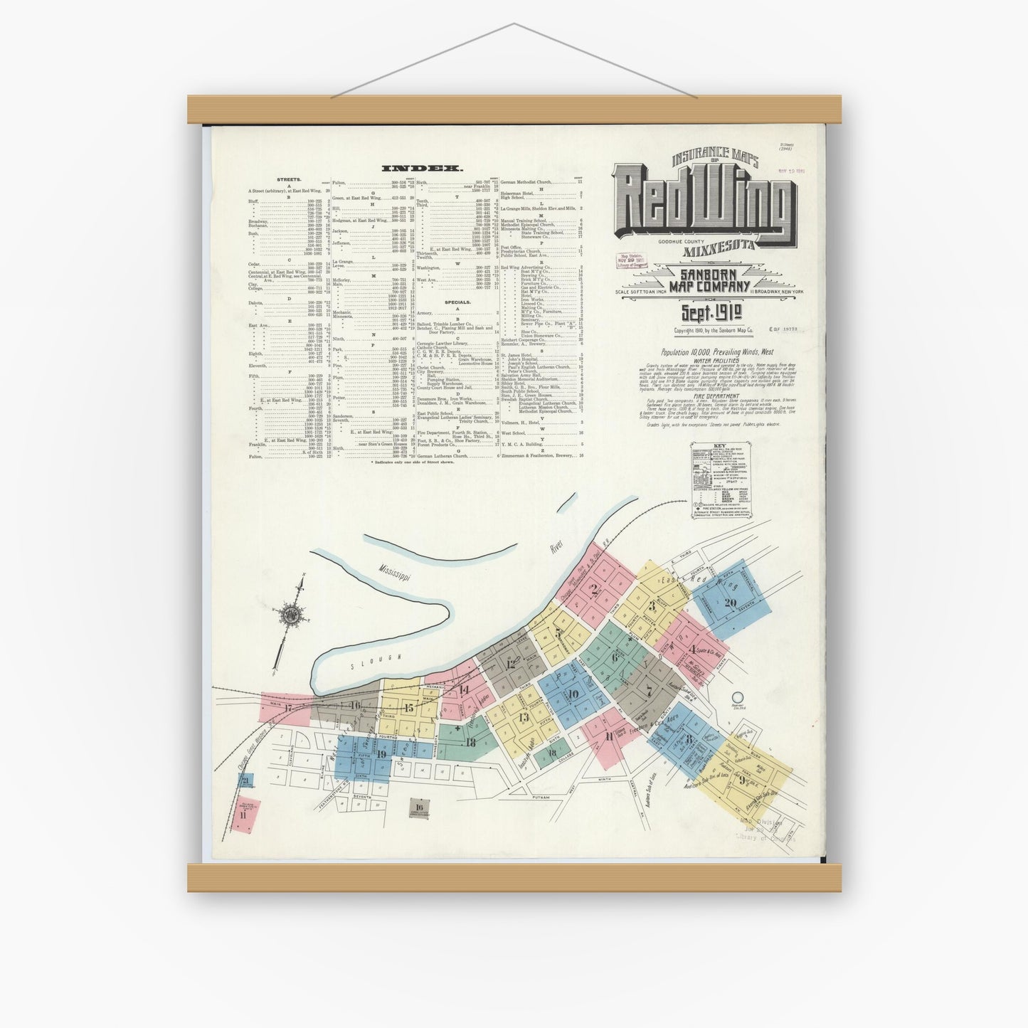 Old map wall art mockup — magnetic wood frame on white wall — Sanborn Fire Insurance Map from Red Wing, Goodhue County, Minnesota (1910) - Complete Map Set