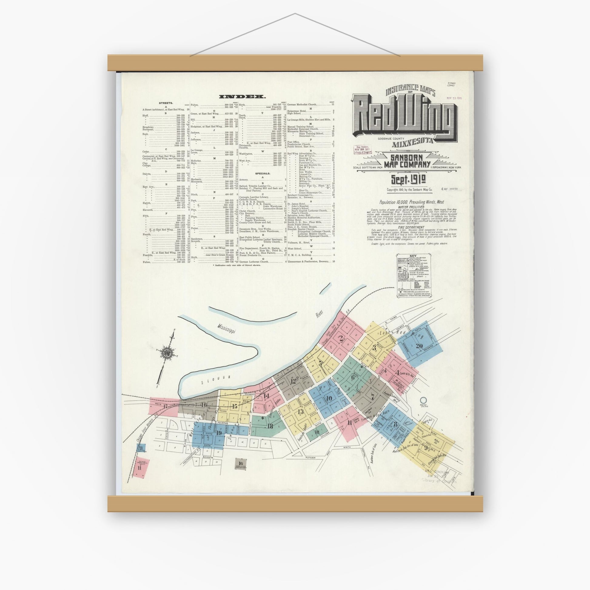 Old map wall art mockup — magnetic wood frame on white wall — Sanborn Fire Insurance Map from Red Wing, Goodhue County, Minnesota (1910) - Complete Map Set