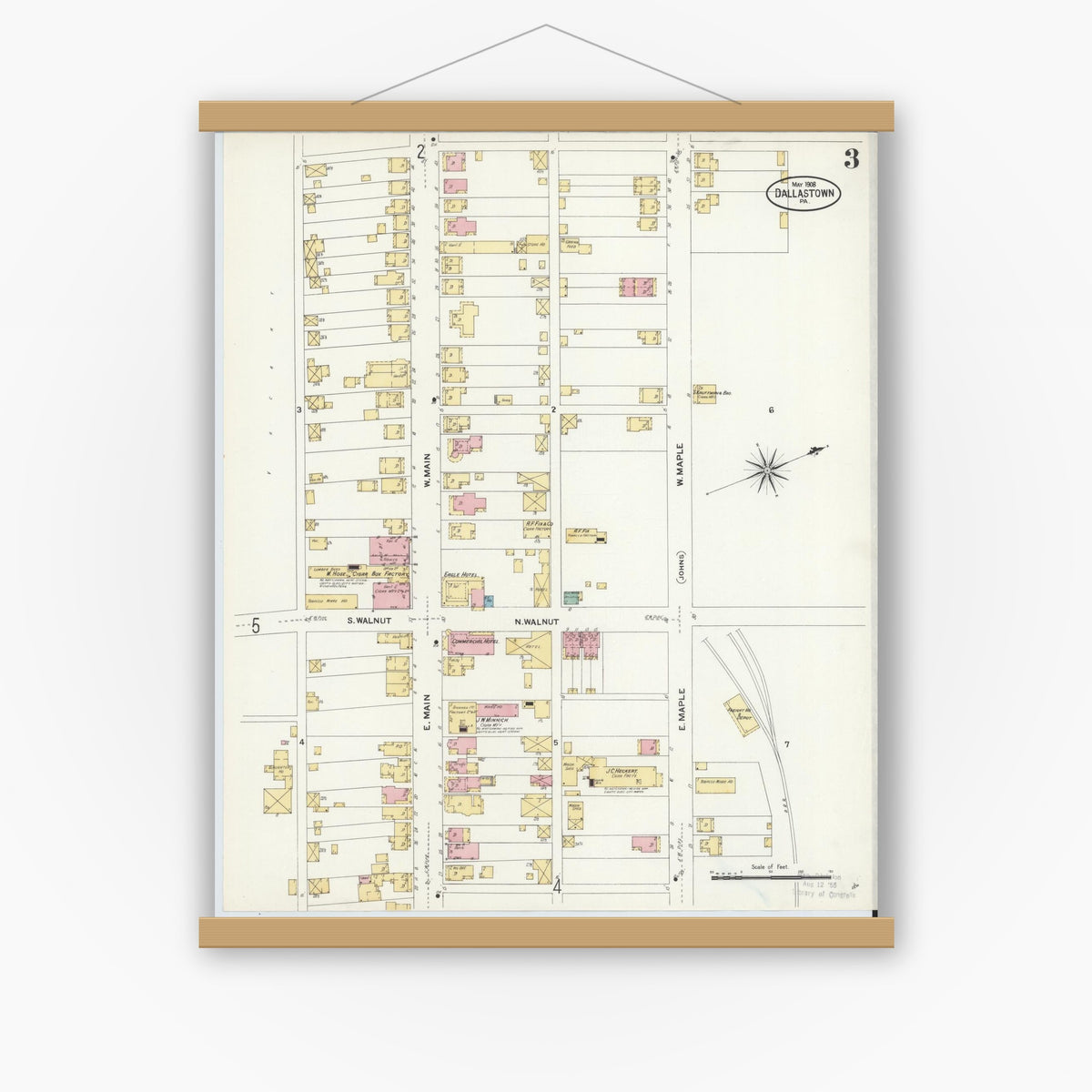 Old map wall art mockup — magnetic wood frame on white wall — Sanborn Fire Insurance Map from Dallastown, York County, Pennsylvania (1908), Sheet #0003