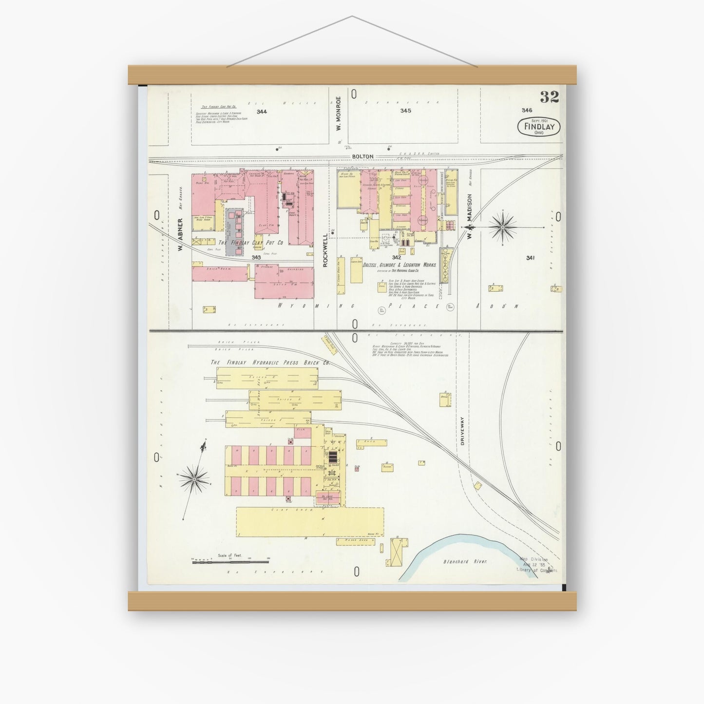 Old map wall art mockup — magnetic wood frame on white wall — Sanborn Fire Insurance Map from Findlay, Hancock County, Ohio (1901), Sheet #0032