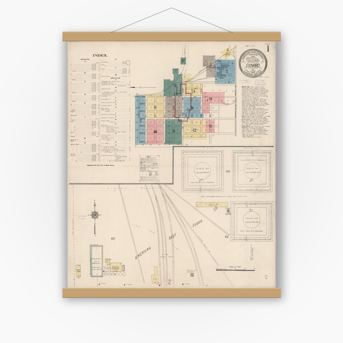 Old map wall art mockup — magnetic wood frame on white wall — Sanborn Fire Insurance Map from Oxnard, Ventura County, California (1912) - Complete Map Set