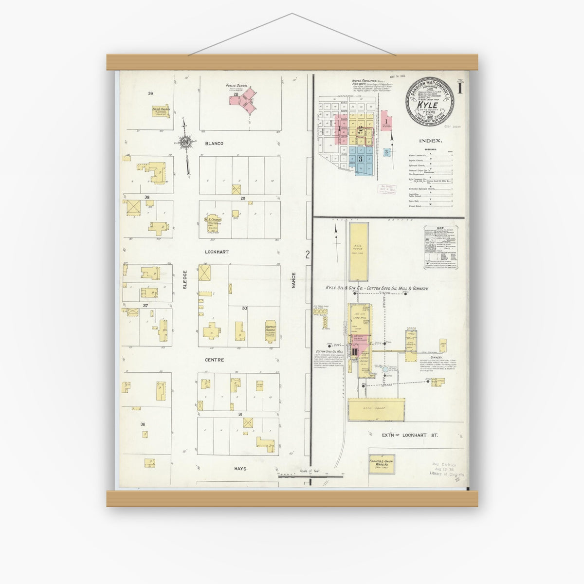 Old map wall art mockup — magnetic wood frame on white wall — Sanborn Fire Insurance Map from Kyle, Hays County, Texas (1912) - Complete Map Set