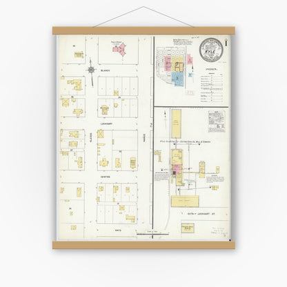 Old map wall art mockup — magnetic wood frame on white wall — Sanborn Fire Insurance Map from Kyle, Hays County, Texas (1912) - Complete Map Set