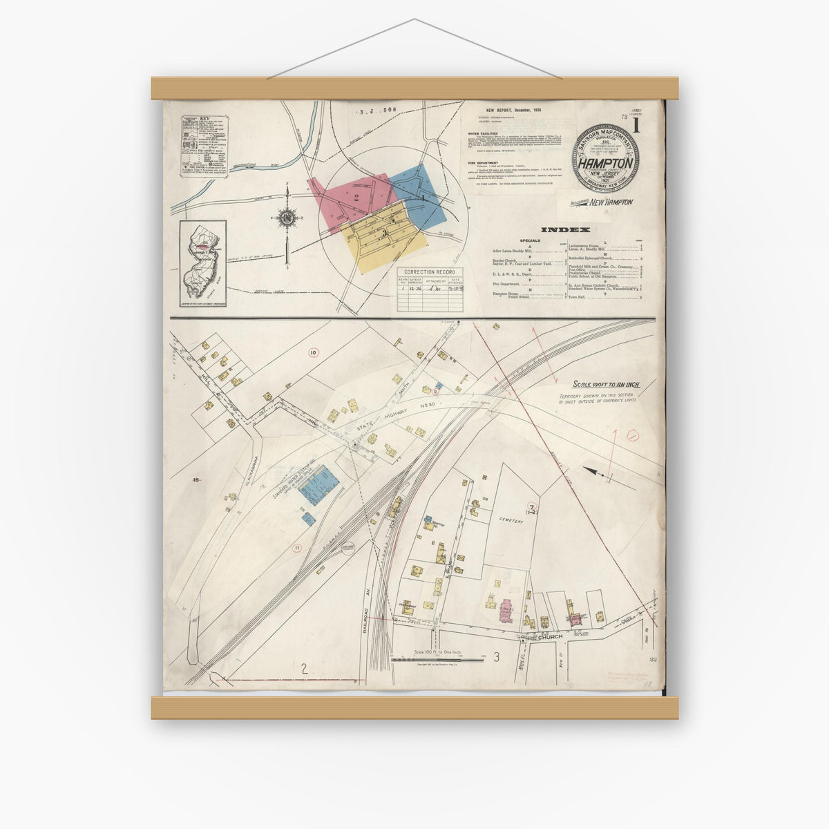 Old map wall art mockup — magnetic wood frame on white wall — Sanborn Fire Insurance Map from Hampton, Hunterdon County, New Jersey (1936) - Complete Map Set