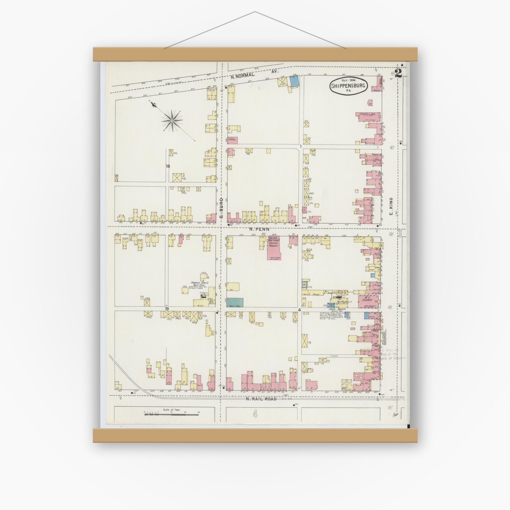 Old map wall art mockup — magnetic wood frame on white wall — Sanborn Fire Insurance Map from Shippensburg, Cumberland And Franklin Counties, Pennsylvania (1894), Sheet #0002