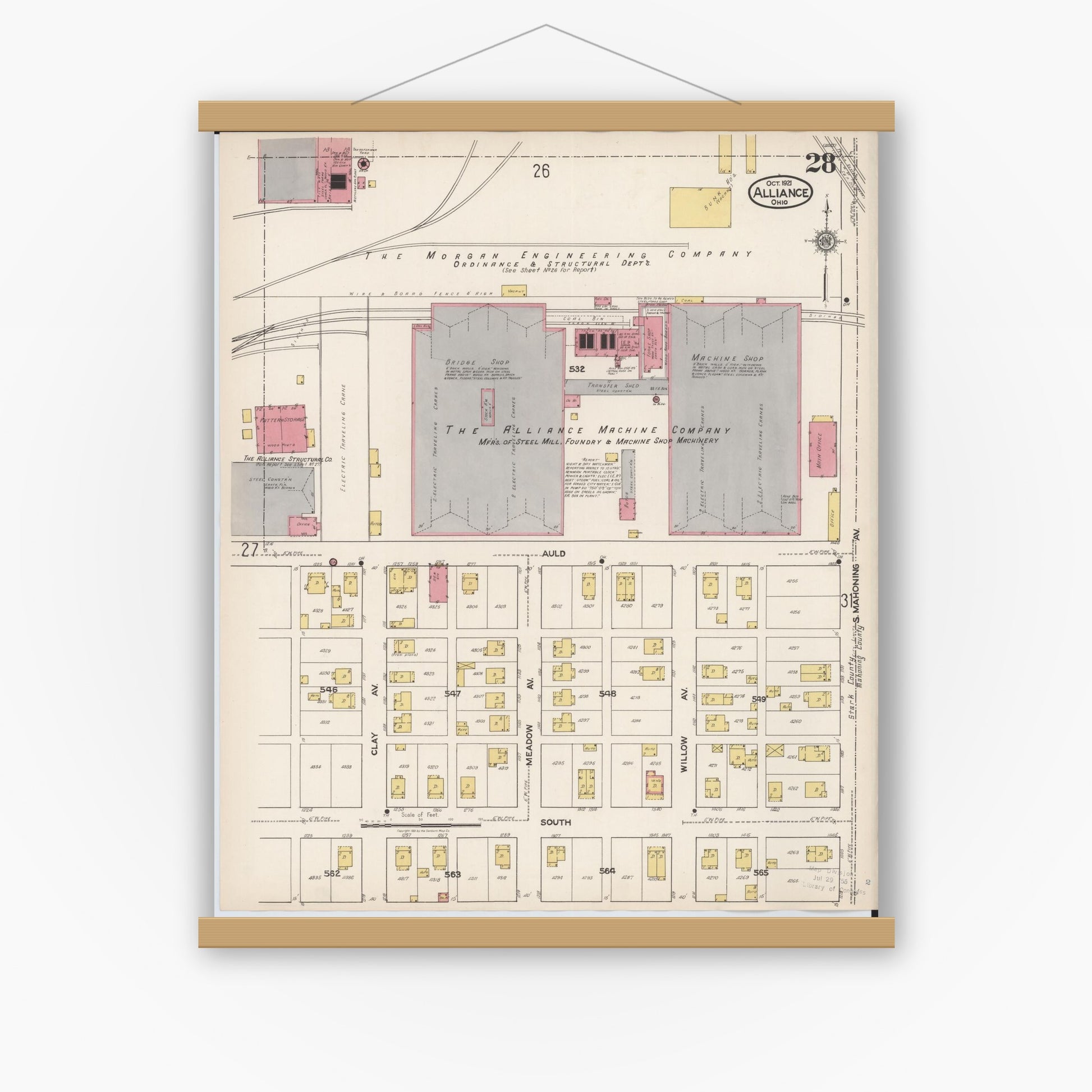 Old map wall art mockup — magnetic wood frame on white wall — Sanborn Fire Insurance Map from Alliance, Stark County, Ohio (1921), Sheet #0028