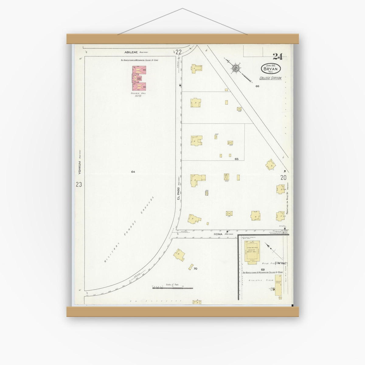 Old map wall art mockup — magnetic wood frame on white wall — Sanborn Fire Insurance Map from Bryan, Brazos County, Texas (1912), Sheet #0024