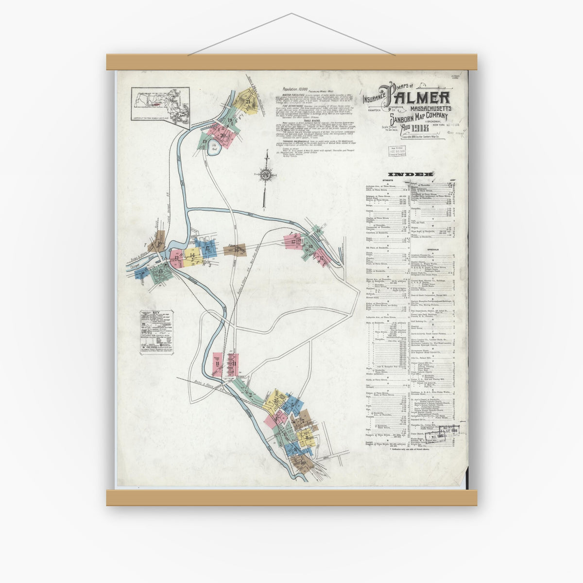 Old map wall art mockup — magnetic wood frame on white wall — Sanborn Fire Insurance Map from Palmer, Hampden County, Massachusetts (1918) - Complete Map Set