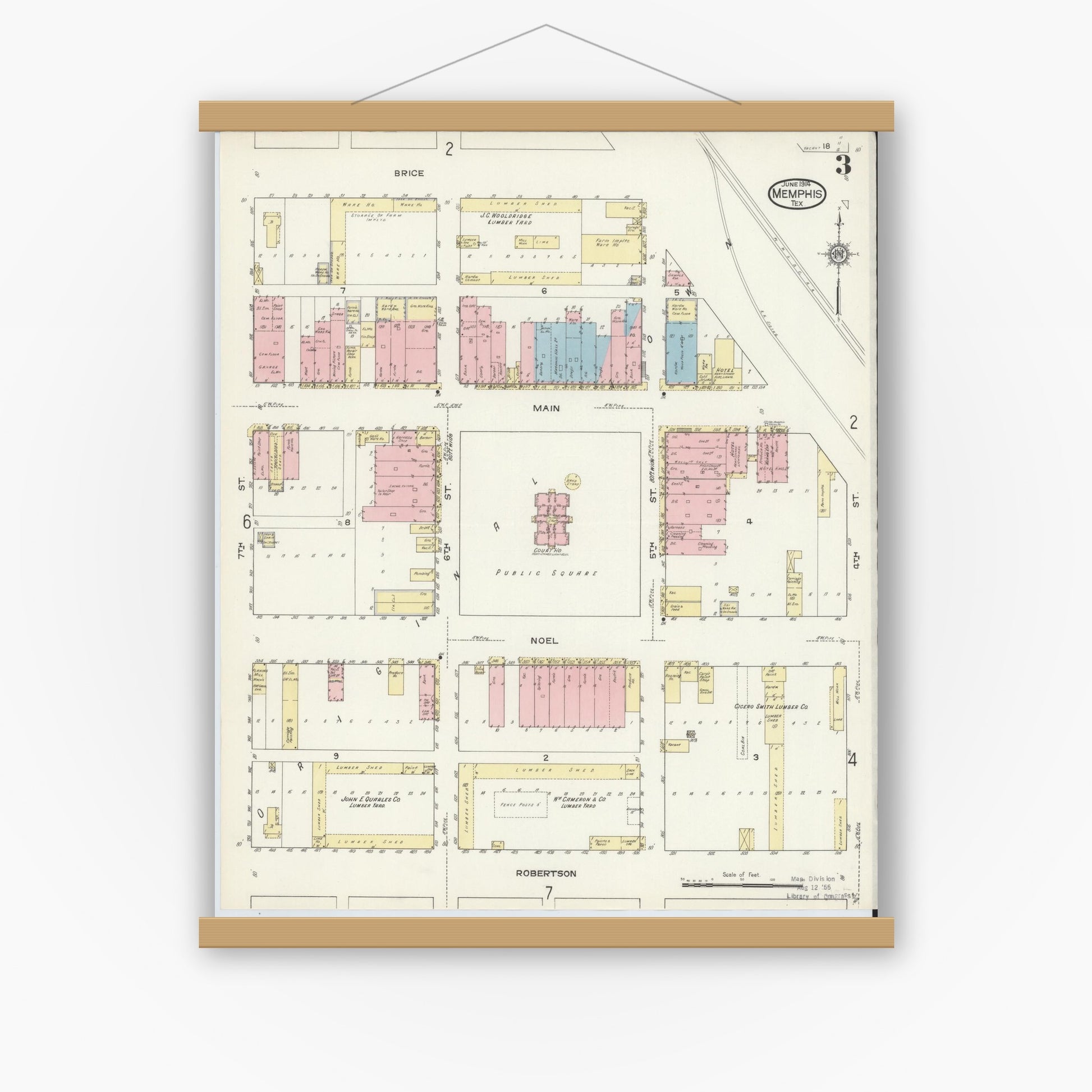 Old map wall art mockup — magnetic wood frame on white wall — Sanborn Fire Insurance Map from Memphis, Hall County, Texas (1914), Sheet #0003