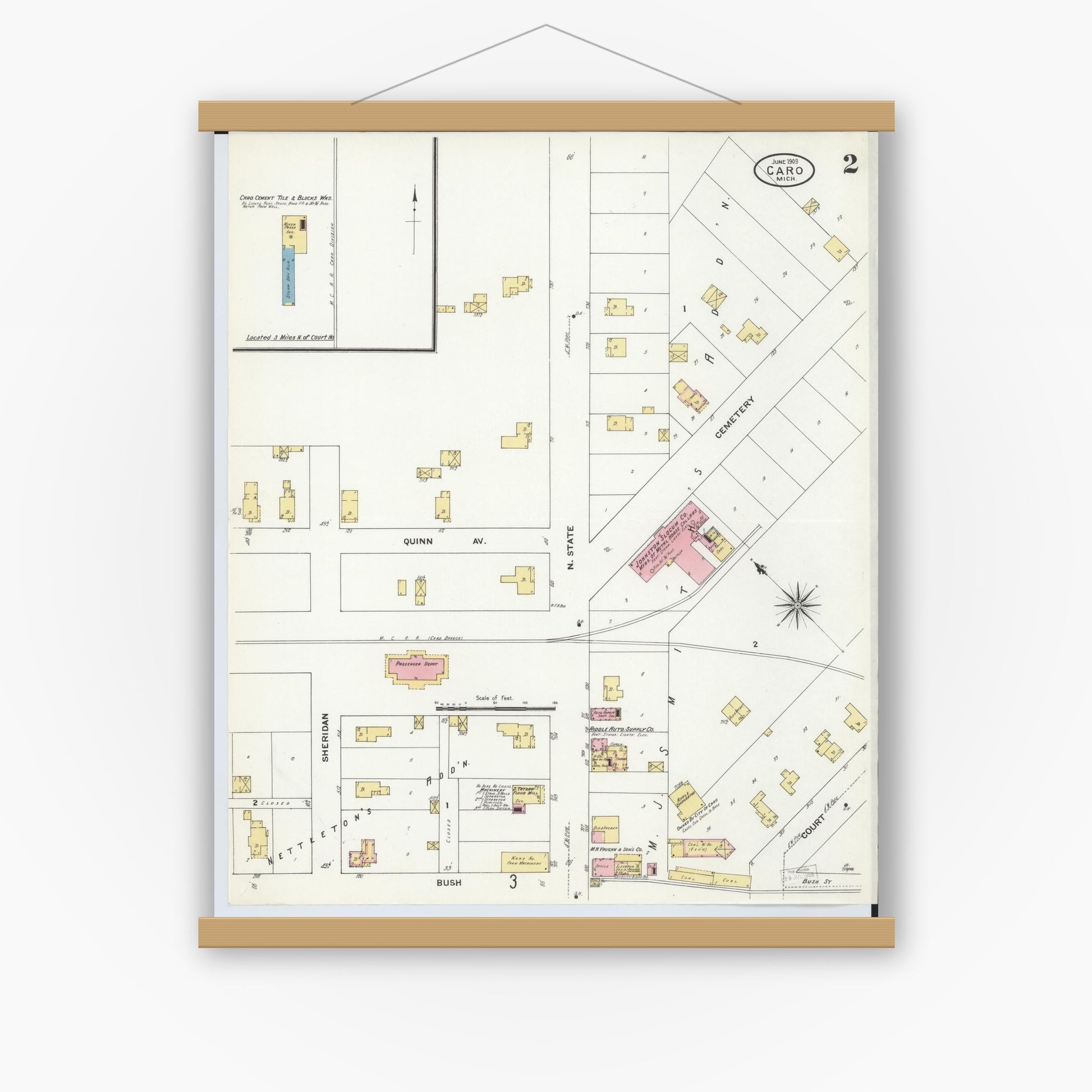 Old map wall art mockup — magnetic wood frame on white wall — Sanborn Fire Insurance Map from Caro, Tuscola County, Michigan (1909), Sheet #0002