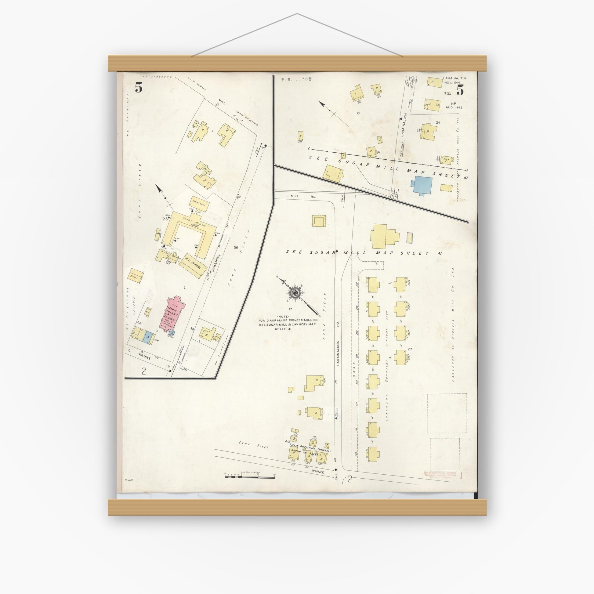 Old map wall art mockup — magnetic wood frame on white wall — Sanborn Fire Insurance Map from Lahaina, Maui County, Hawaii (1950), Sheet #0005