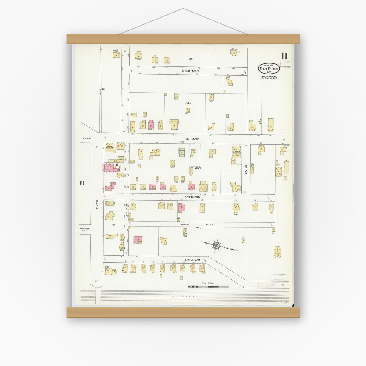 Old map wall art mockup — magnetic wood frame on white wall — Sanborn Fire Insurance Map from Fort Plain, Montgomery County, New York (1912), Sheet #0011