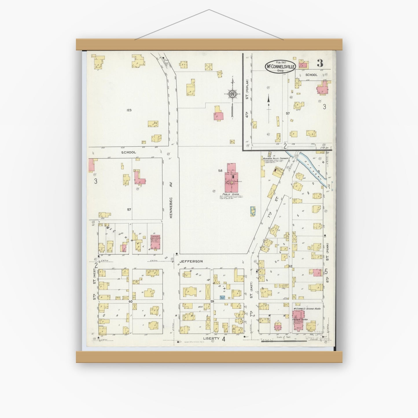 Old map wall art mockup — magnetic wood frame on white wall — Sanborn Fire Insurance Map from McConnelsville, Morgan County, Ohio (1917), Sheet #0003