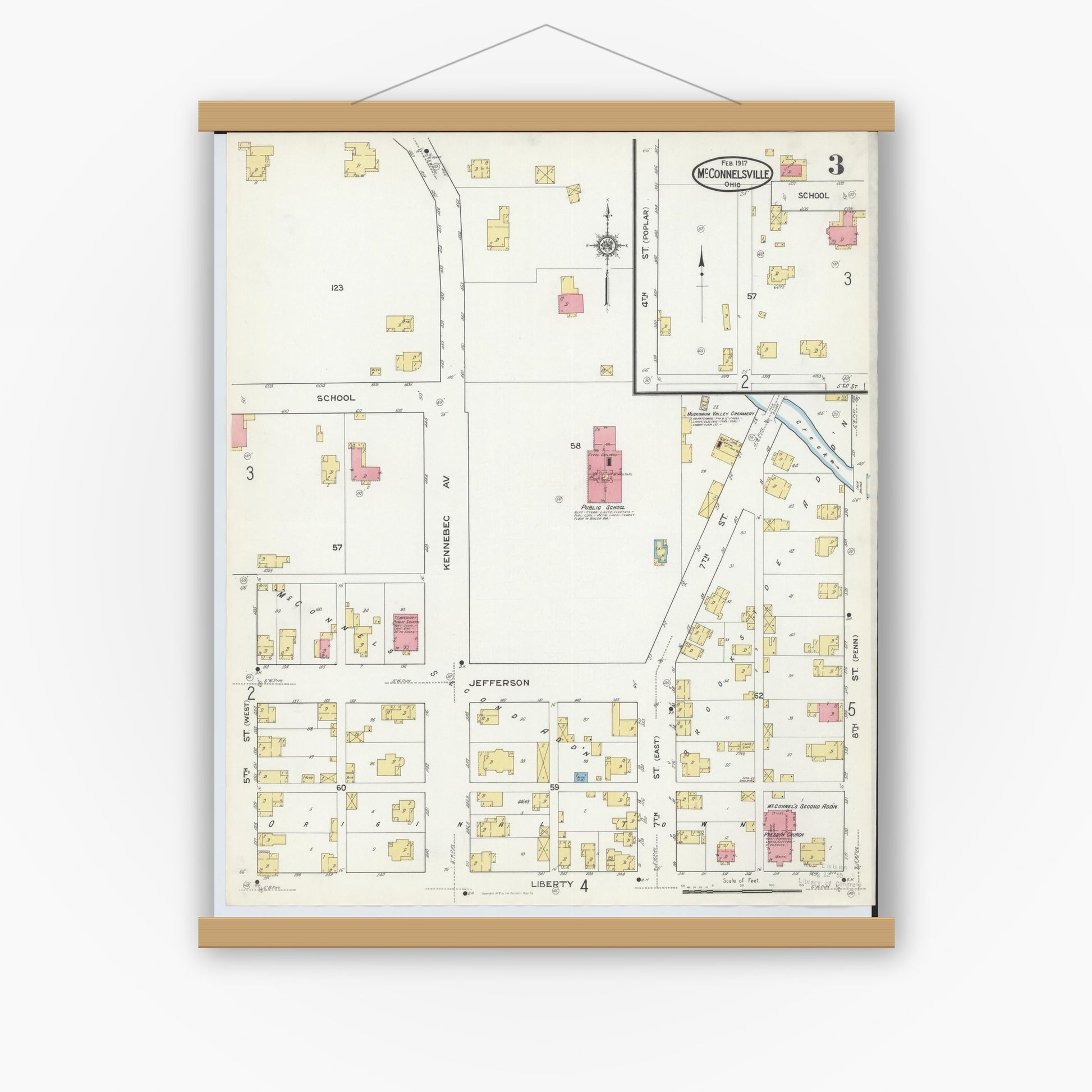 Old map wall art mockup — magnetic wood frame on white wall — Sanborn Fire Insurance Map from McConnelsville, Morgan County, Ohio (1917), Sheet #0003