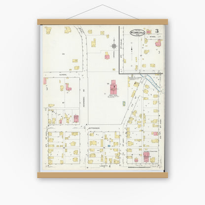 Old map wall art mockup — magnetic wood frame on white wall — Sanborn Fire Insurance Map from McConnelsville, Morgan County, Ohio (1917), Sheet #0003