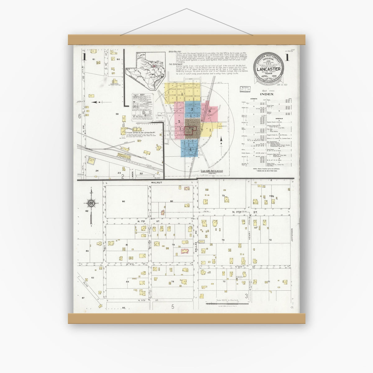 Old map wall art mockup — magnetic wood frame on white wall — Sanborn Fire Insurance Map from Lancaster, Dallas County, Texas (1928) - Complete Map Set