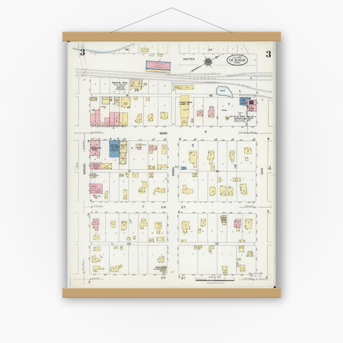 Old map wall art mockup — magnetic wood frame on white wall — Sanborn Fire Insurance Map from Le Sueur, Le Sueur County, Minnesota (1924), Sheet #0003