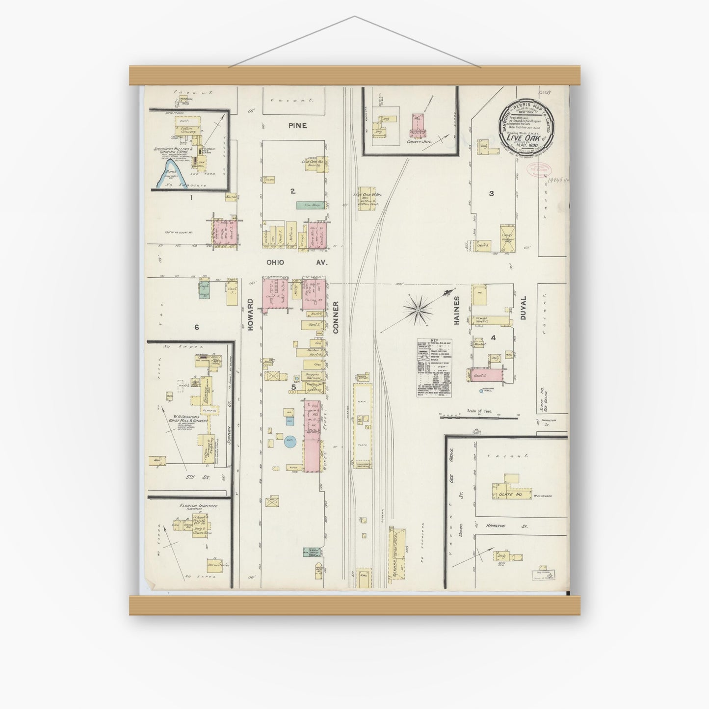 Old map wall art mockup — magnetic wood frame on white wall — Sanborn Fire Insurance Map from Live Oak, Suwanee County, Florida (1890), Sheet #0001