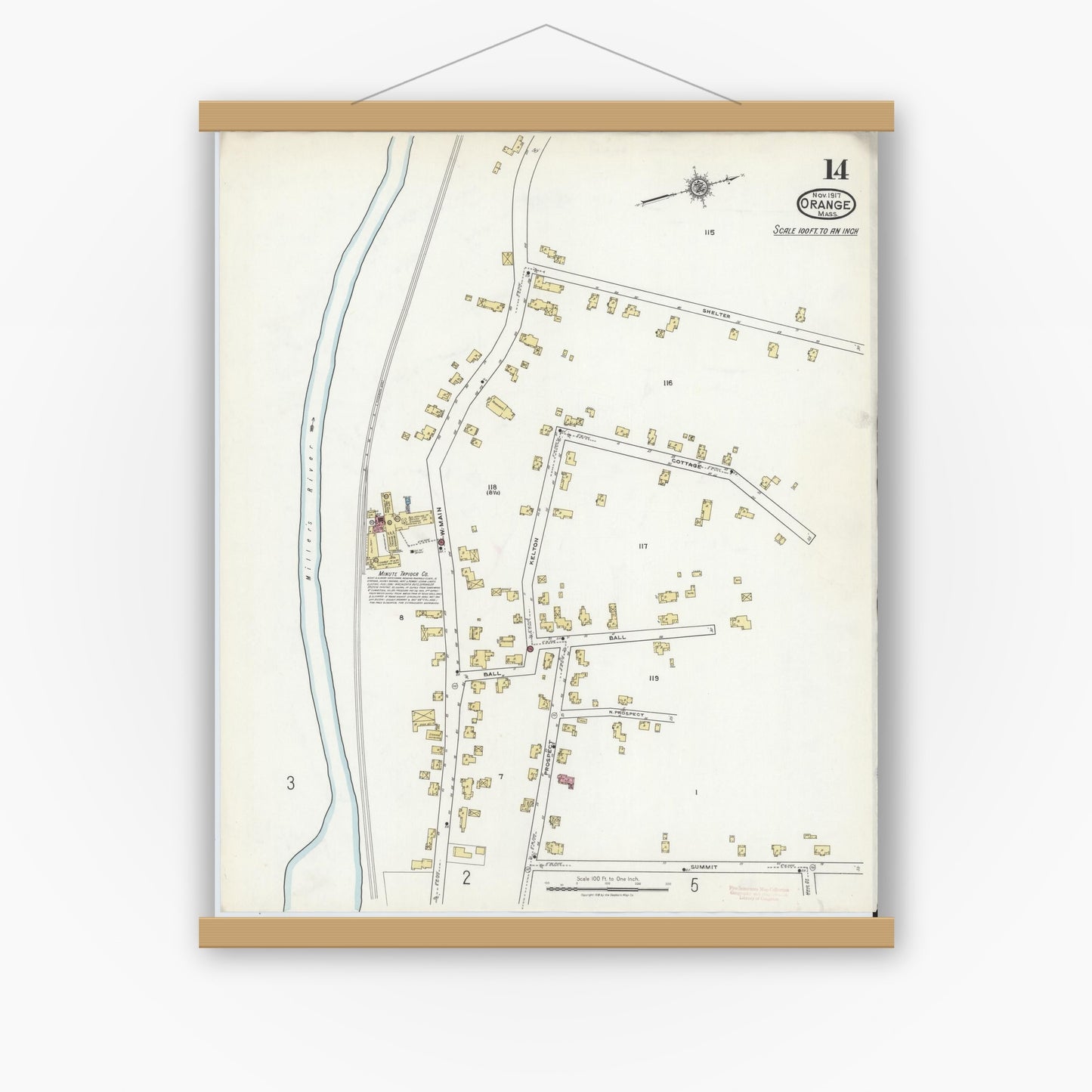 Old map wall art mockup — magnetic wood frame on white wall — Sanborn Fire Insurance Map from Orange, Franklin County, Massachusetts (1917), Sheet #0014