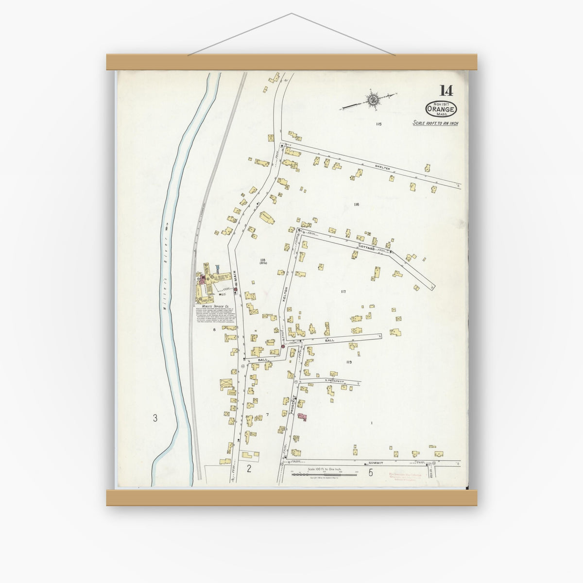 Old map wall art mockup — magnetic wood frame on white wall — Sanborn Fire Insurance Map from Orange, Franklin County, Massachusetts (1917), Sheet #0014