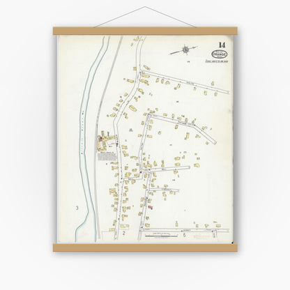 Old map wall art mockup — magnetic wood frame on white wall — Sanborn Fire Insurance Map from Orange, Franklin County, Massachusetts (1917), Sheet #0014