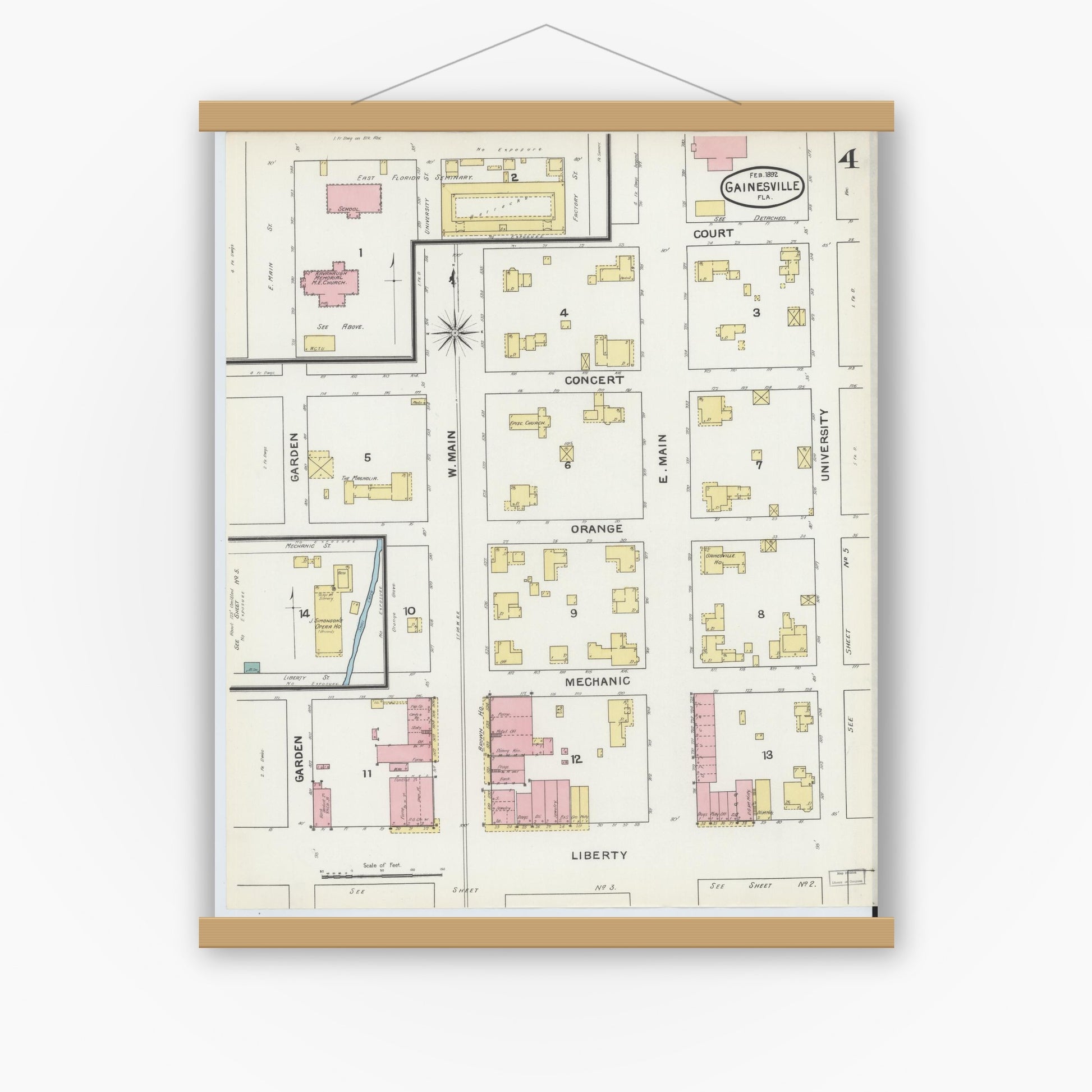Old map wall art mockup — magnetic wood frame on white wall — Sanborn Fire Insurance Map from Gainesville, Alachua County, Florida (1892), Sheet #0004
