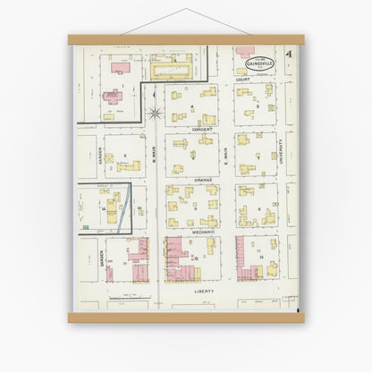 Old map wall art mockup — magnetic wood frame on white wall — Sanborn Fire Insurance Map from Gainesville, Alachua County, Florida (1892), Sheet #0004