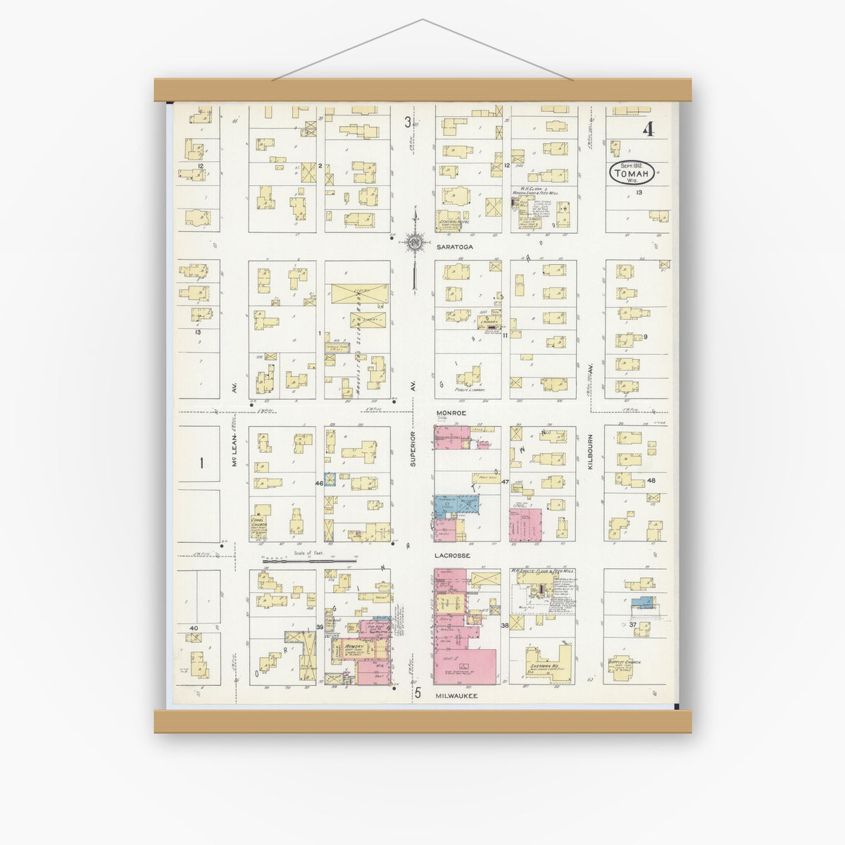 Old map wall art mockup — magnetic wood frame on white wall — Sanborn Fire Insurance Map from Tomah, Monroe County, Wisconsin (1912), Sheet #0004