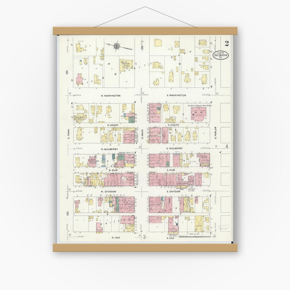 Old map wall art mockup — magnetic wood frame on white wall — Sanborn Fire Insurance Map from Du Quoin, Perry County, Illinois (1910), Sheet #0002