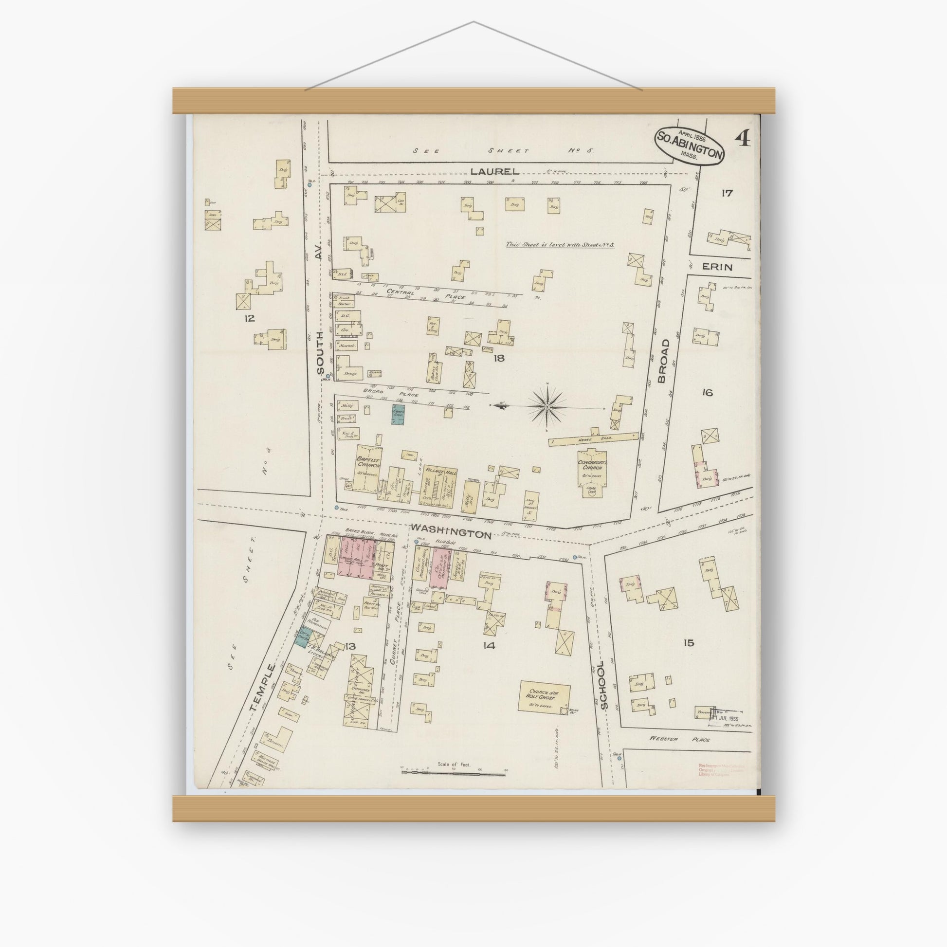 Old map wall art mockup — magnetic wood frame on white wall — Sanborn Fire Insurance Map from South Abington, Plymouth County, Massachusetts (1885), Sheet #0004