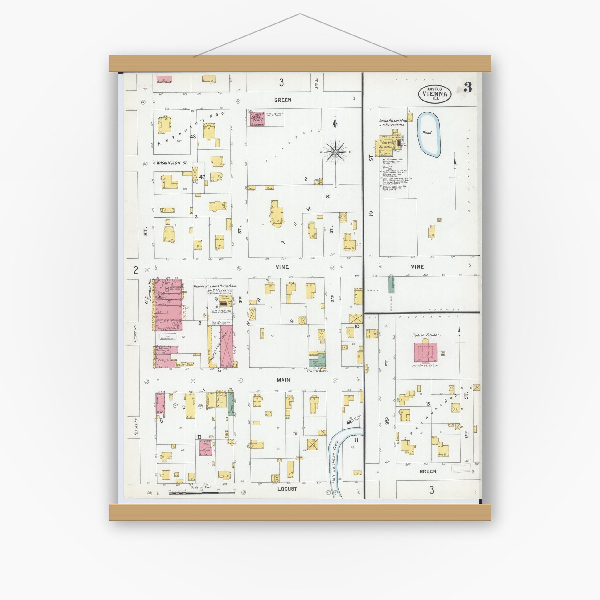 Old map wall art mockup — magnetic wood frame on white wall — Sanborn Fire Insurance Map from Vienna, Johnson County, Illinois (1900), Sheet #0003