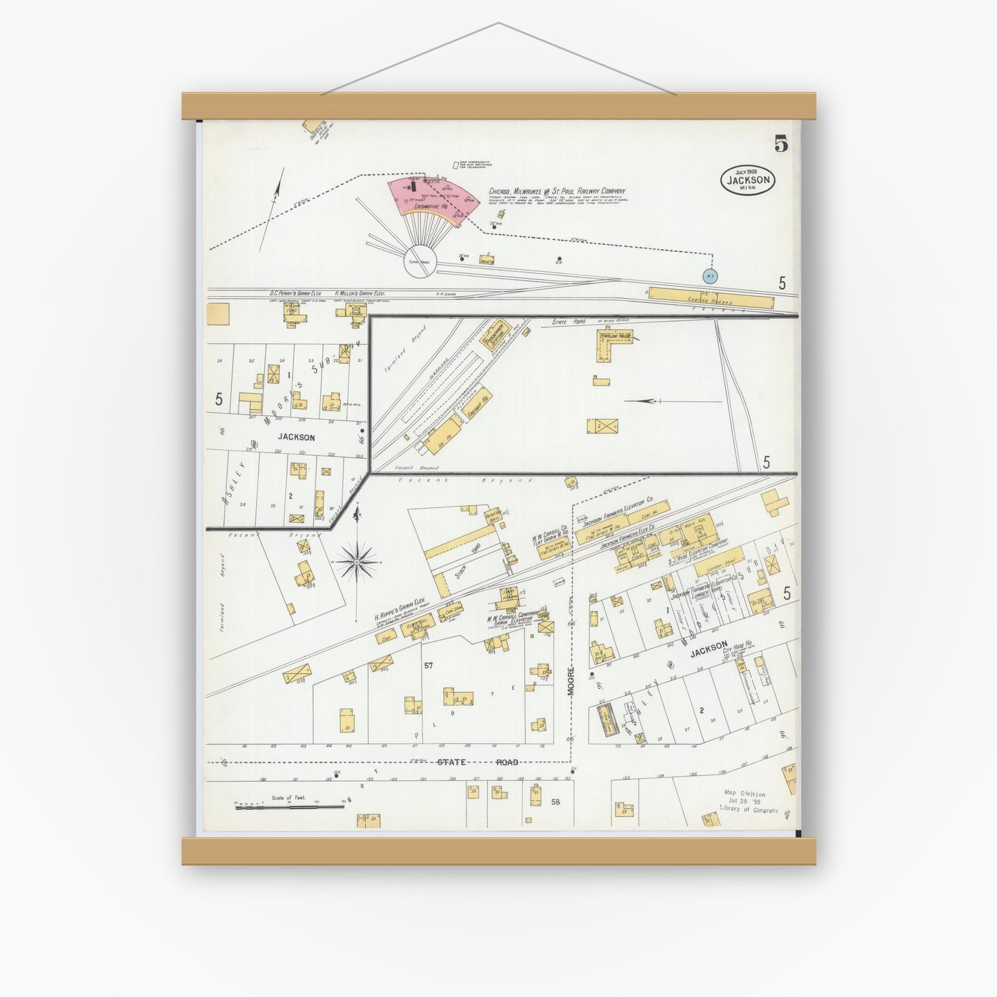 Old map wall art mockup — magnetic wood frame on white wall — Sanborn Fire Insurance Map from Jackson, Jackson County, Minnesota (1900), Sheet #0005