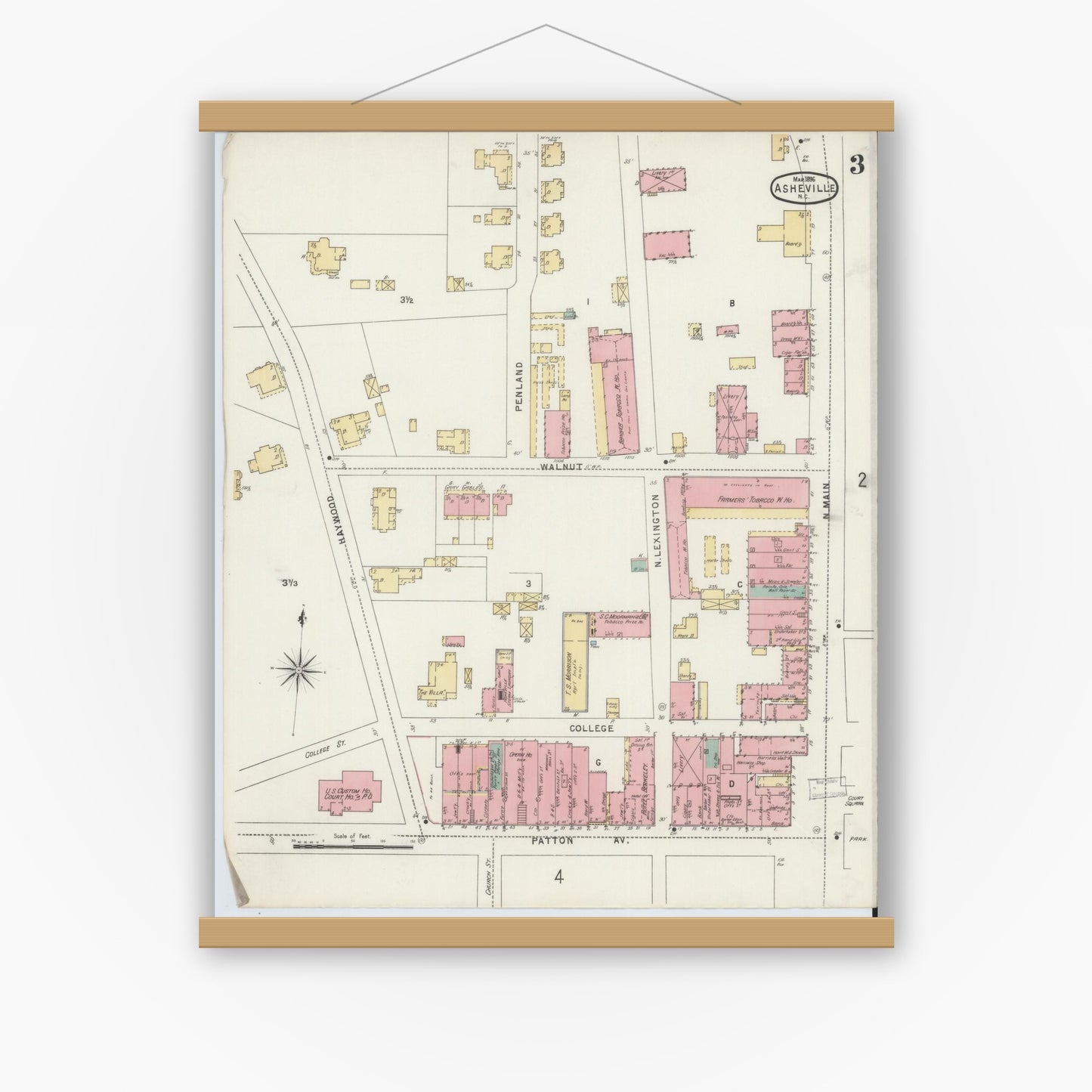 Old map wall art mockup — magnetic wood frame on white wall — Sanborn Fire Insurance Map from Asheville, Buncombe County, North Carolina (1896), Sheet #0003