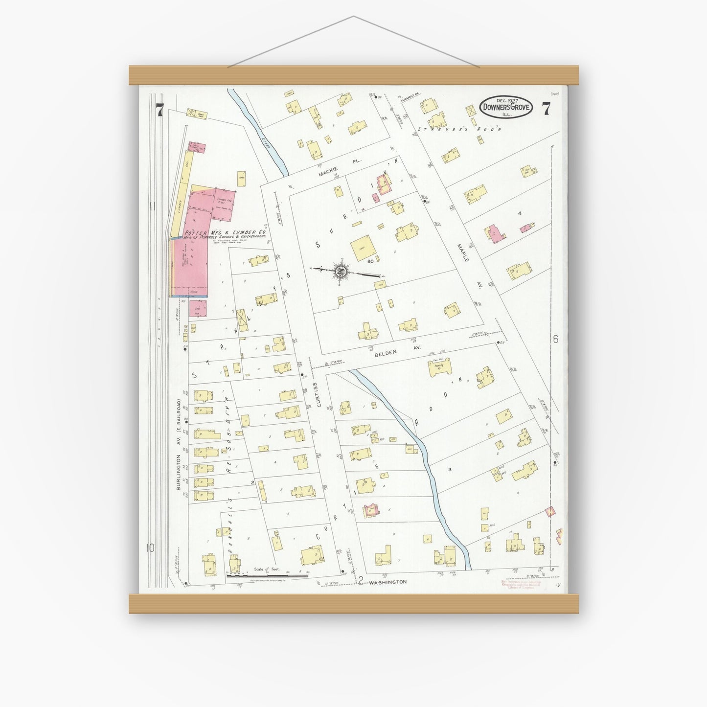 Old map wall art mockup — magnetic wood frame on white wall — Sanborn Fire Insurance Map from Downers Grove, Dupage County, Illinois (1927), Sheet #0007