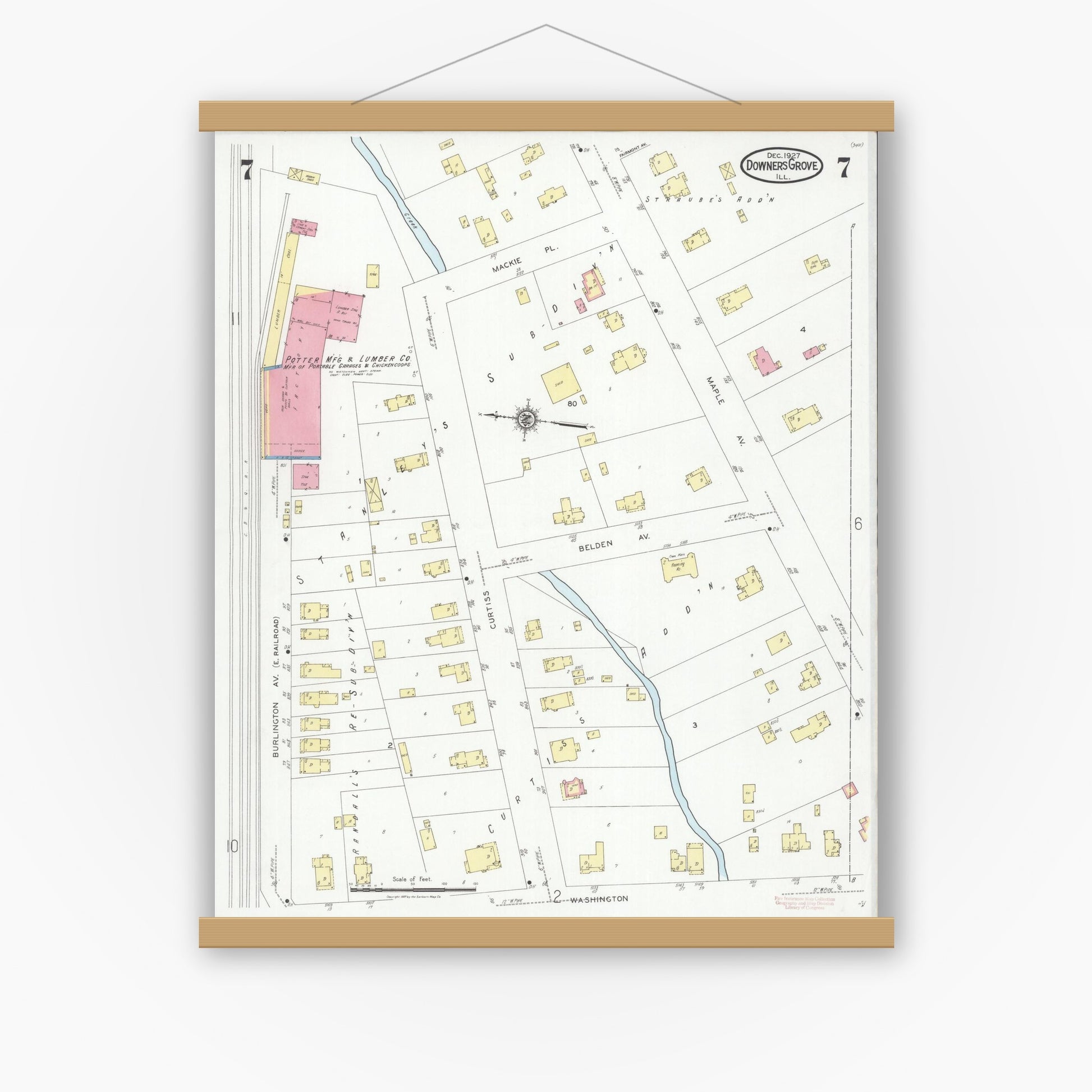 Old map wall art mockup — magnetic wood frame on white wall — Sanborn Fire Insurance Map from Downers Grove, Dupage County, Illinois (1927), Sheet #0007