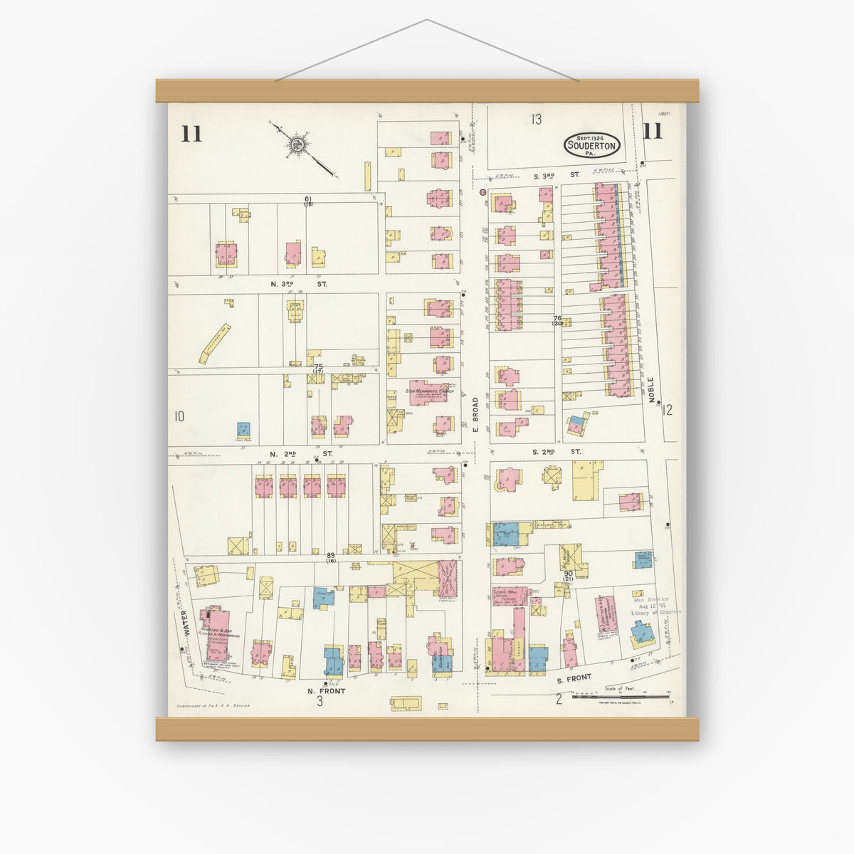 Old map wall art mockup — magnetic wood frame on white wall — Sanborn Fire Insurance Map from Souderton, Montgomery County, Pennsylvania (1924), Sheet #0011