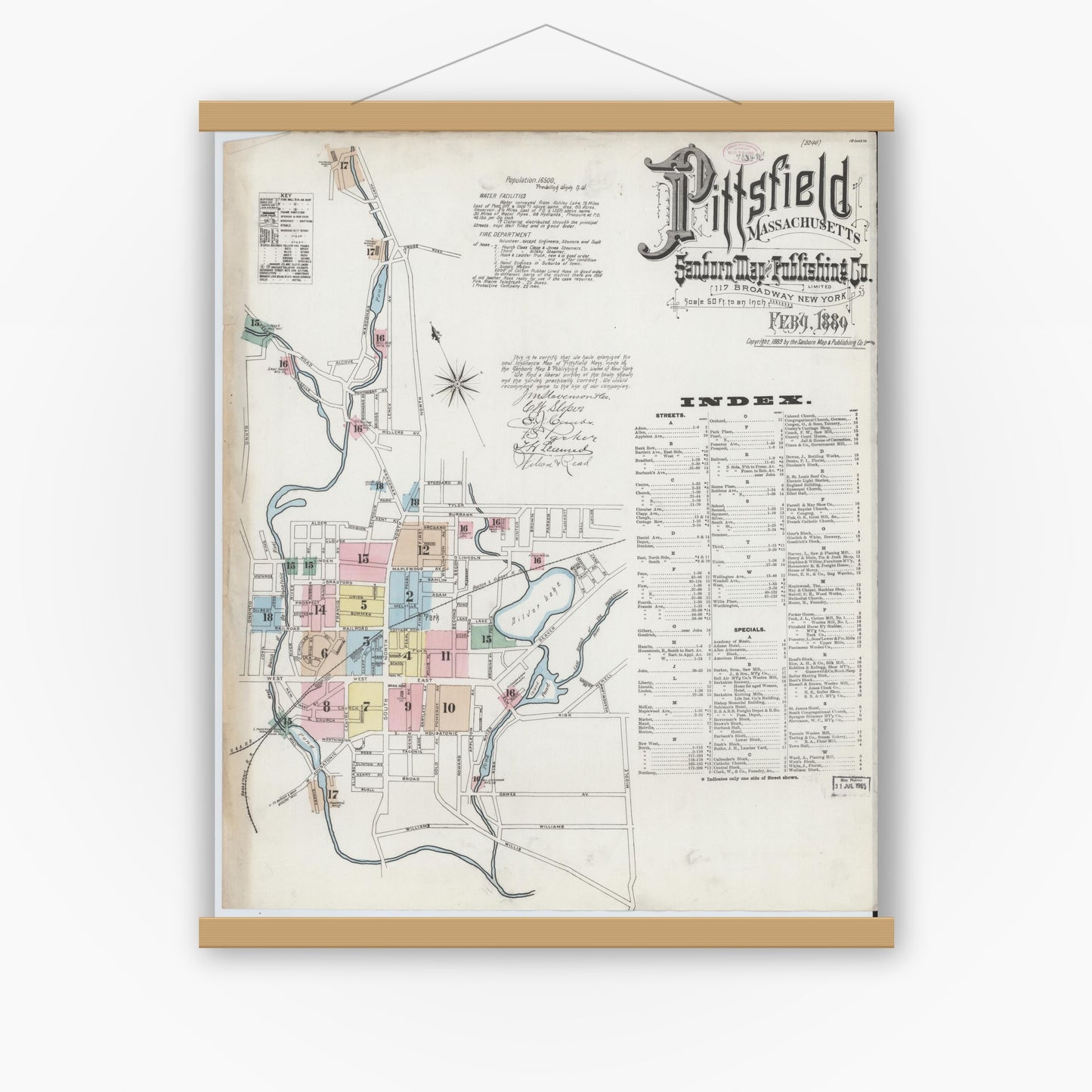 Old map wall art mockup — magnetic wood frame on white wall — Sanborn Fire Insurance Map from Pittsfield, Berkshire County, Massachusetts (1889), Sheet #0001