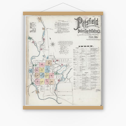 Old map wall art mockup — magnetic wood frame on white wall — Sanborn Fire Insurance Map from Pittsfield, Berkshire County, Massachusetts (1889), Sheet #0001