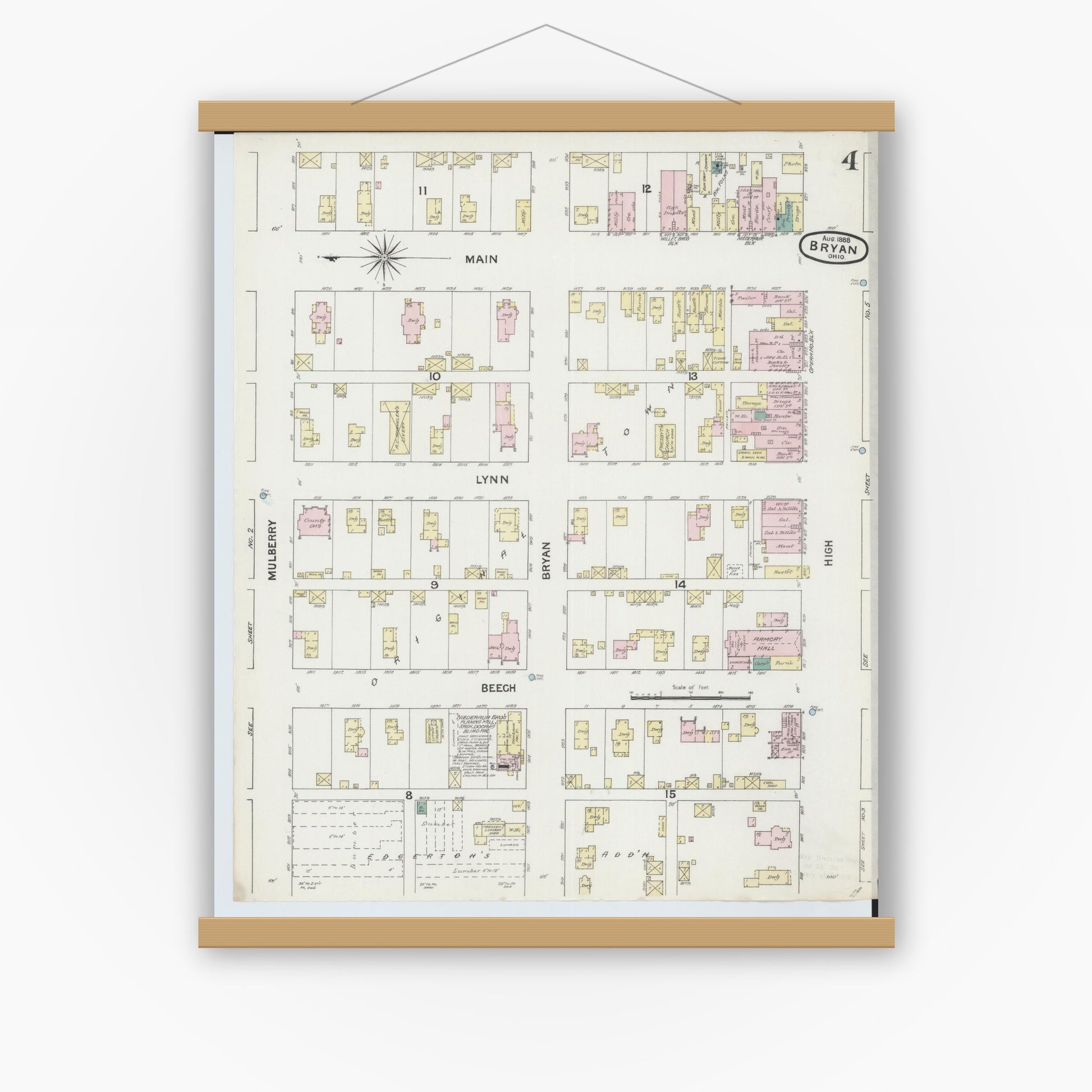 Old map wall art mockup — magnetic wood frame on white wall — Sanborn Fire Insurance Map from Bryan, Williams County, Ohio (1888), Sheet #0004