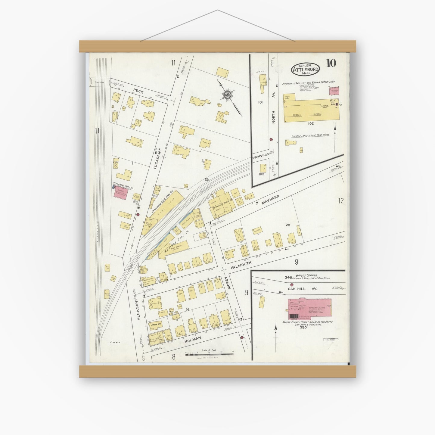 Old map wall art mockup — magnetic wood frame on white wall — Sanborn Fire Insurance Map from Attleboro, Bristol County, Massachusetts (1916), Sheet #0010