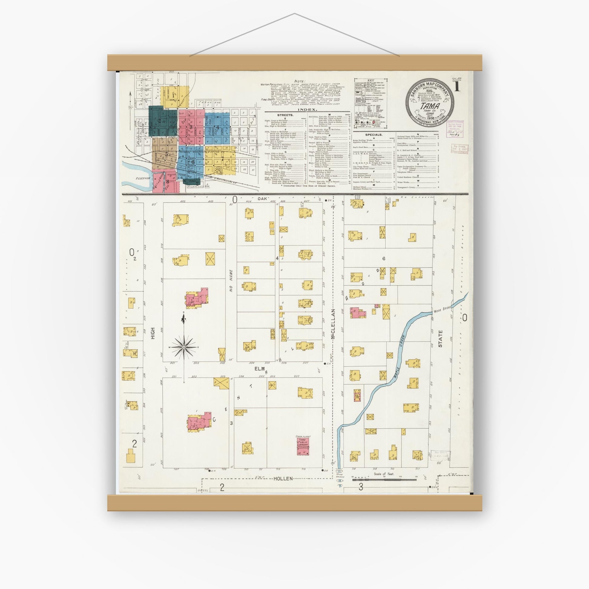 Old map wall art mockup — magnetic wood frame on white wall — Sanborn Fire Insurance Map from Tama, Tama County, Iowa (1906), Sheet #0001