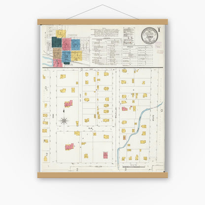 Old map wall art mockup — magnetic wood frame on white wall — Sanborn Fire Insurance Map from Tama, Tama County, Iowa (1906), Sheet #0001